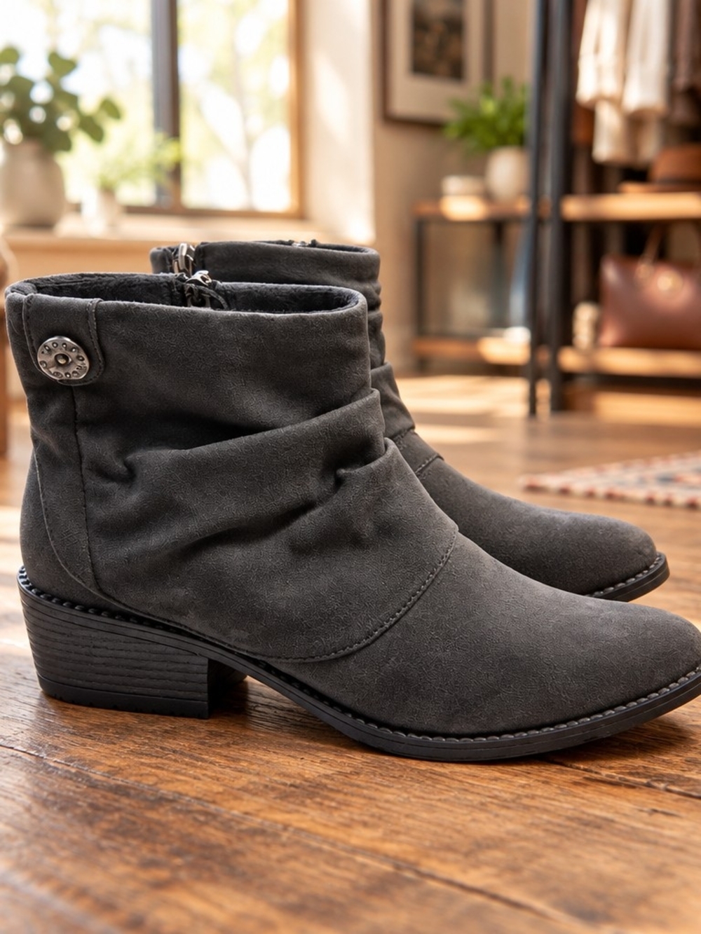Blowfish Charcoal Gray Suede Ankle Booties with Button Accent